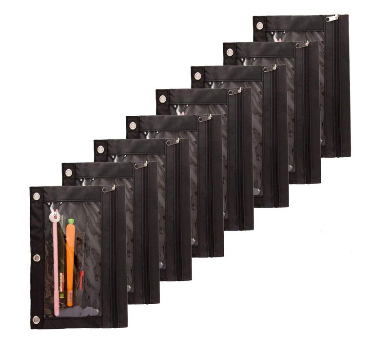 SdeFe Zippered Binder Fabric Pencil Pouch 3 Rings with Clear Window for School Classroom Organizers 8 Pack (Black) - Image 1
